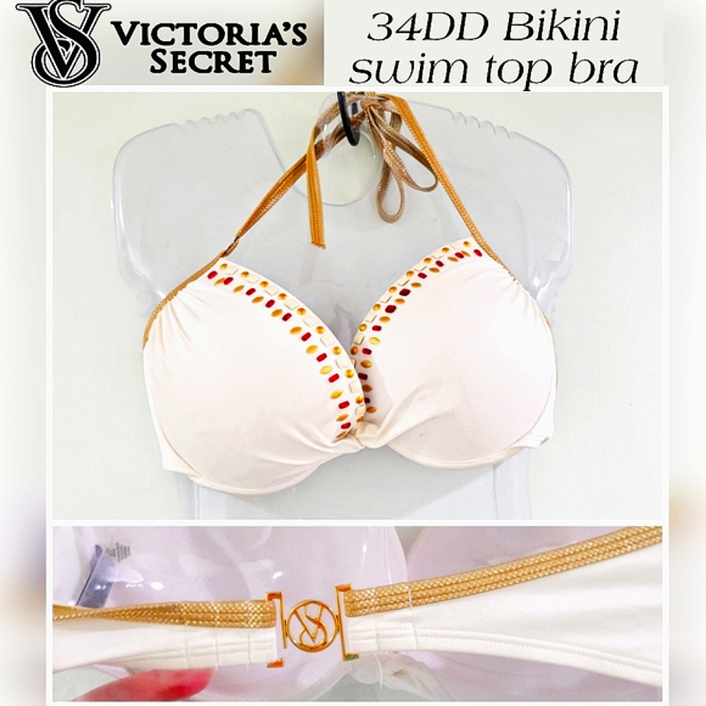 VICTORIA'S SECRET BIKINI 👙 BRA SWIM TOP. WHITE GOLD w rhinestones 34DD